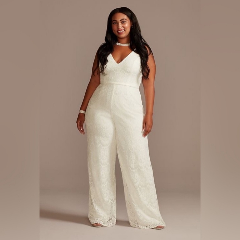 scalloped lace v-neck tank wide-leg jumpsuit